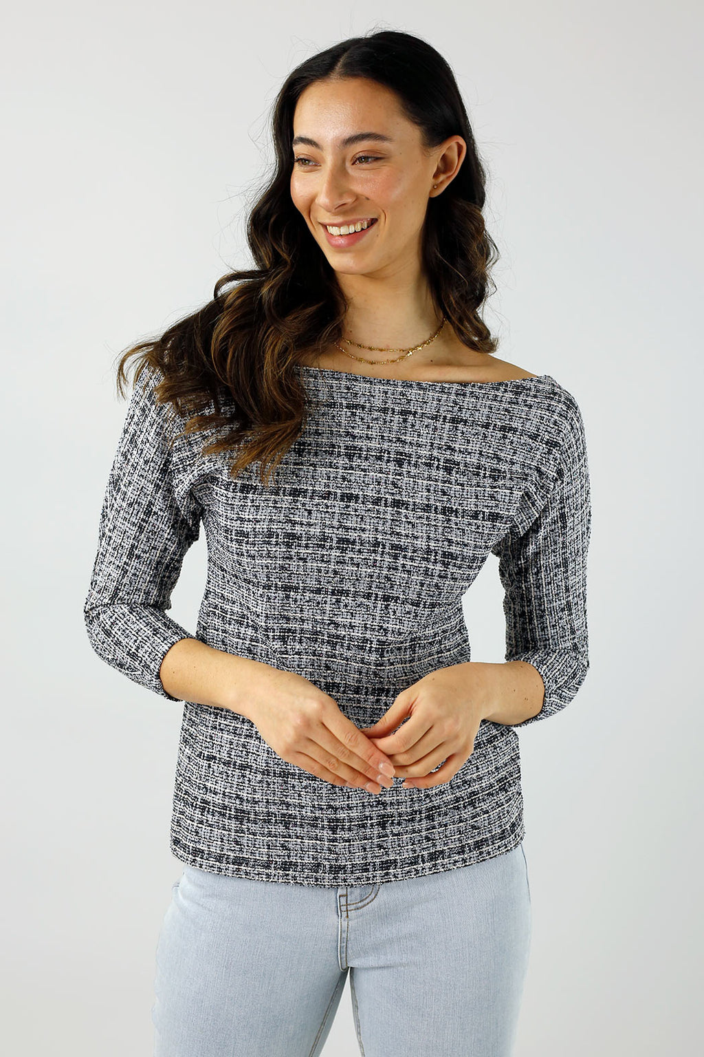 Navy Stretch Tweed Top - Final Sale