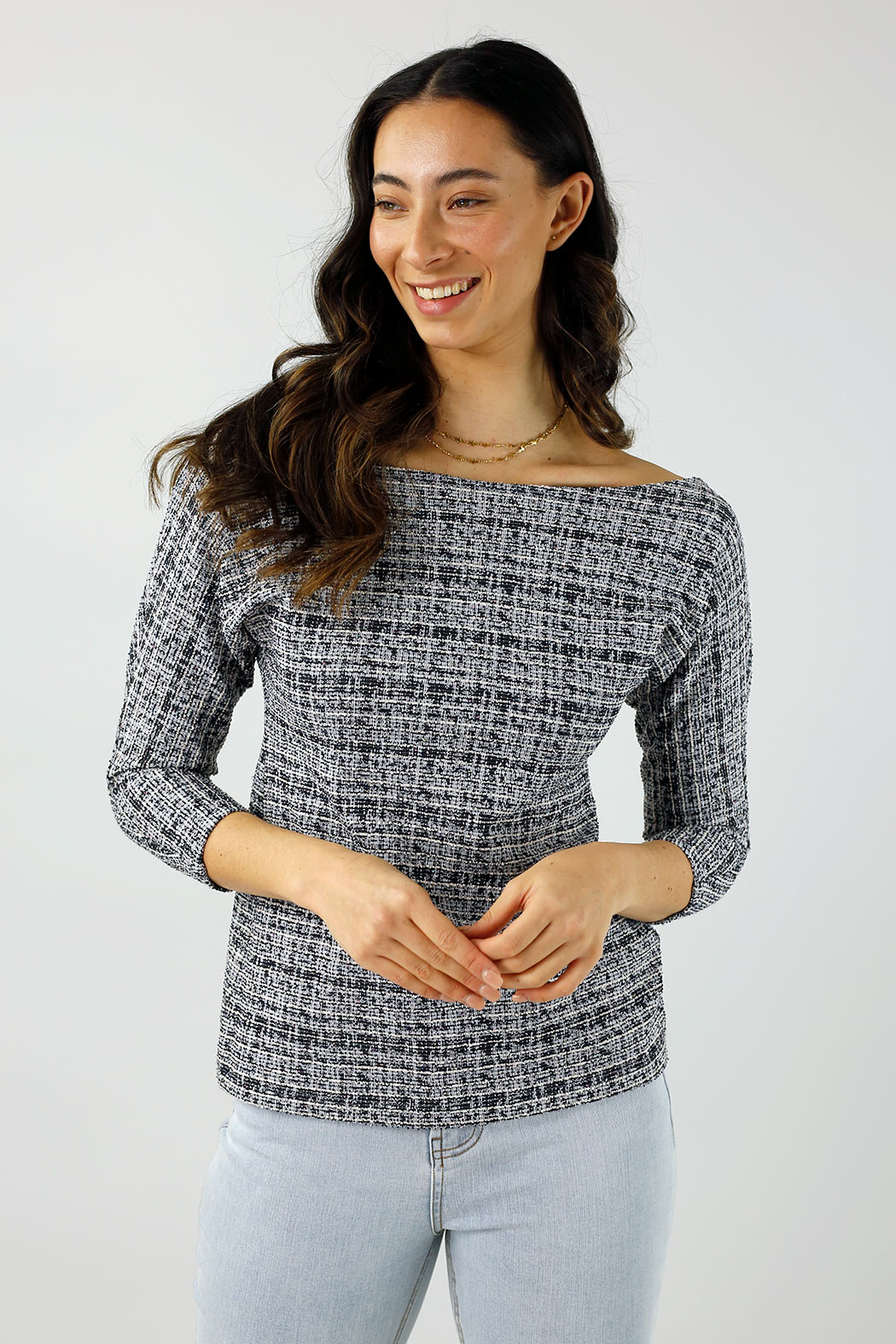 Navy Stretch Tweed Top - Final Sale