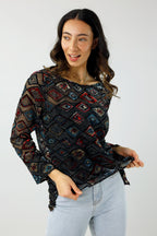 Black Geometric Velvet Raglan Top - FINAL SALE