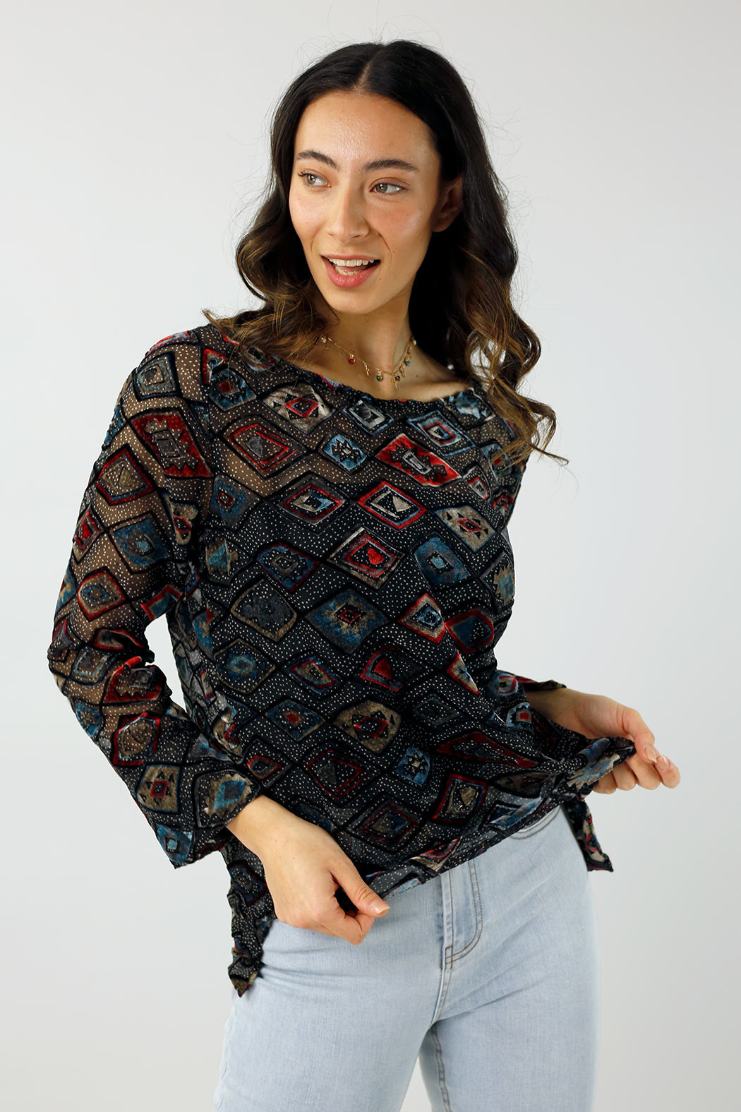 Black Geometric Velvet Raglan Top - FINAL SALE