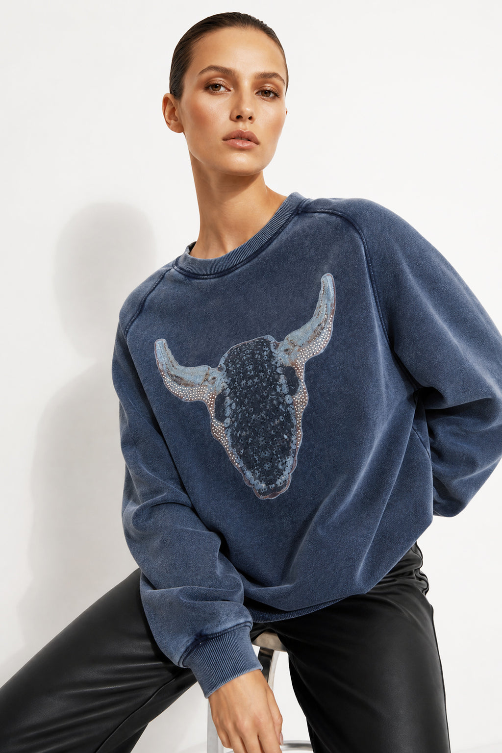 Navy Washed Cotton Horns Jumper