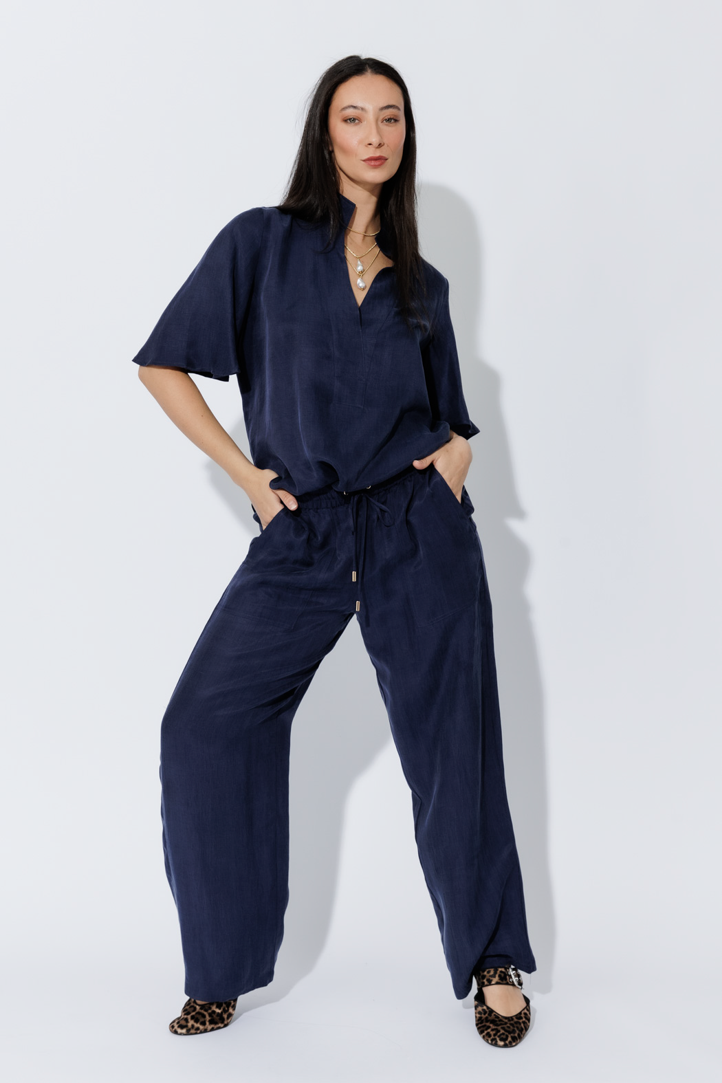 Navy Cupro/Linen Pant