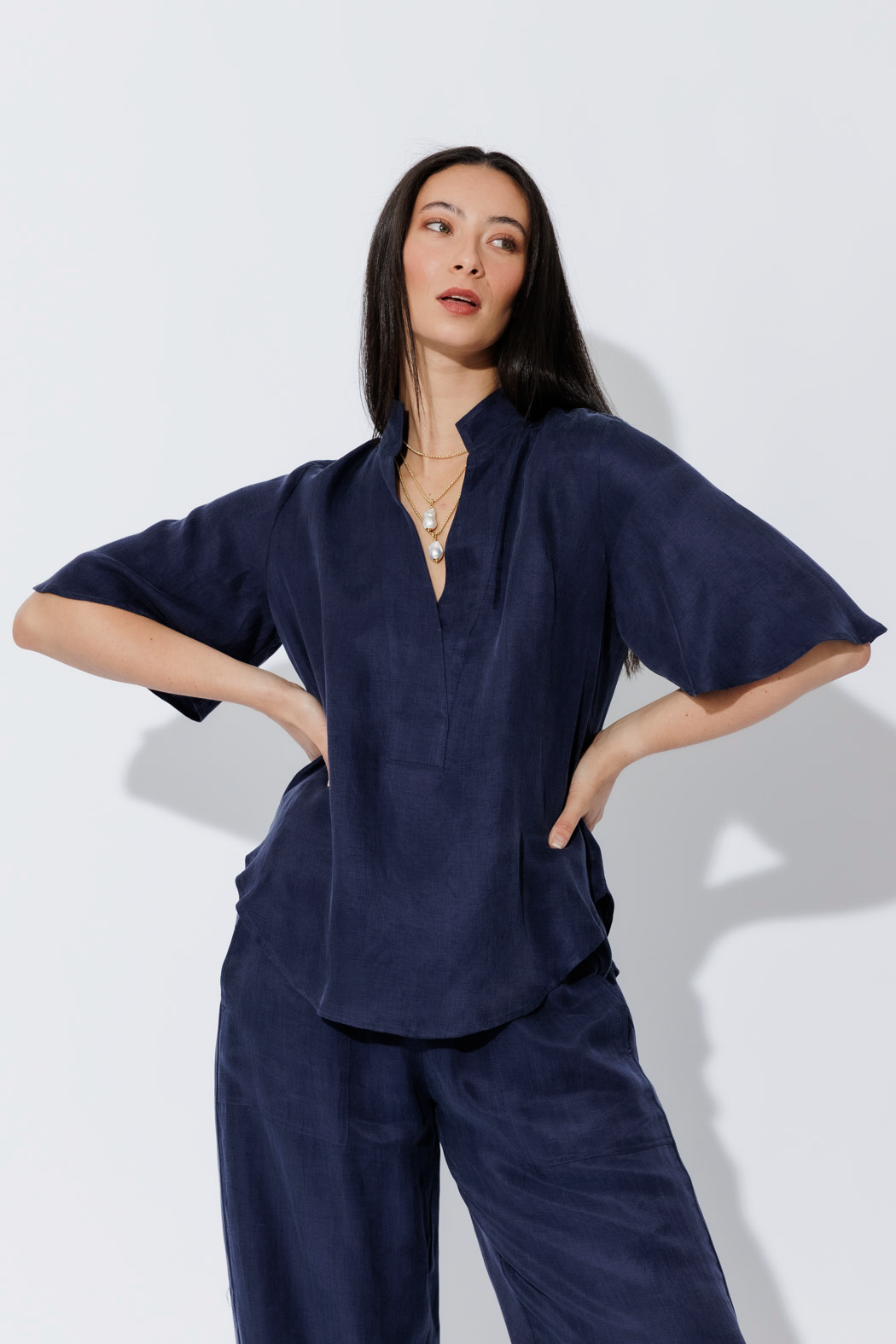 Navy Tencel/Linen Blogger Shirt