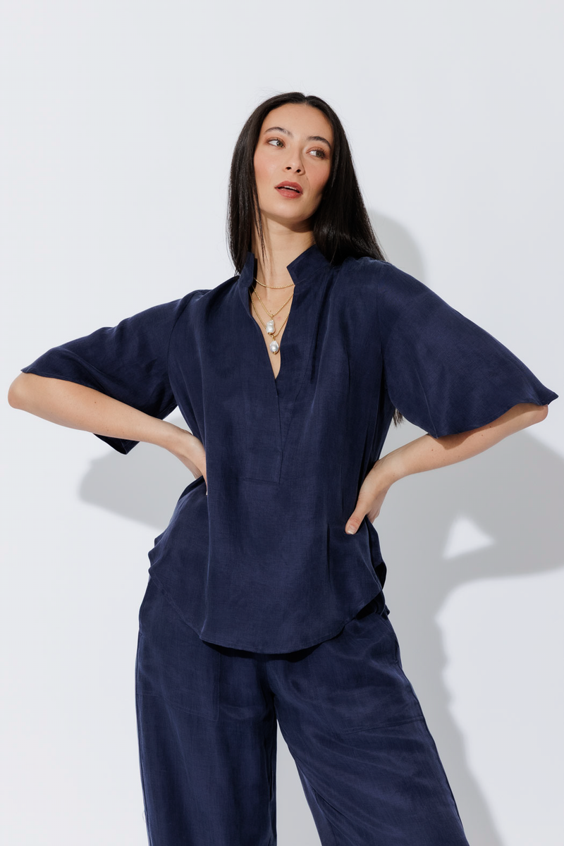 Navy Tencel/Linen Blogger Shirt