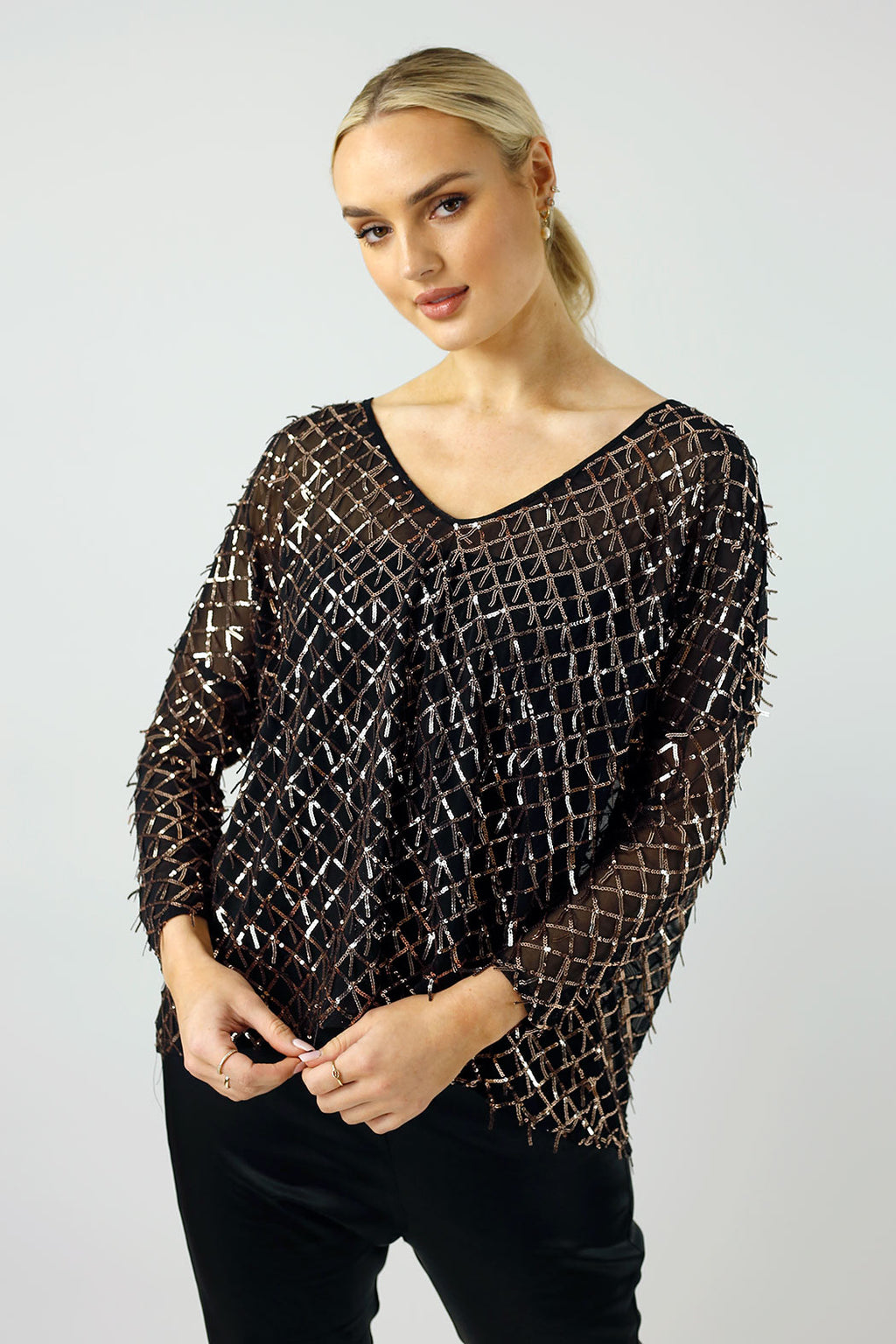 Copper Sequin Vee Neck Top - FINAL SALE