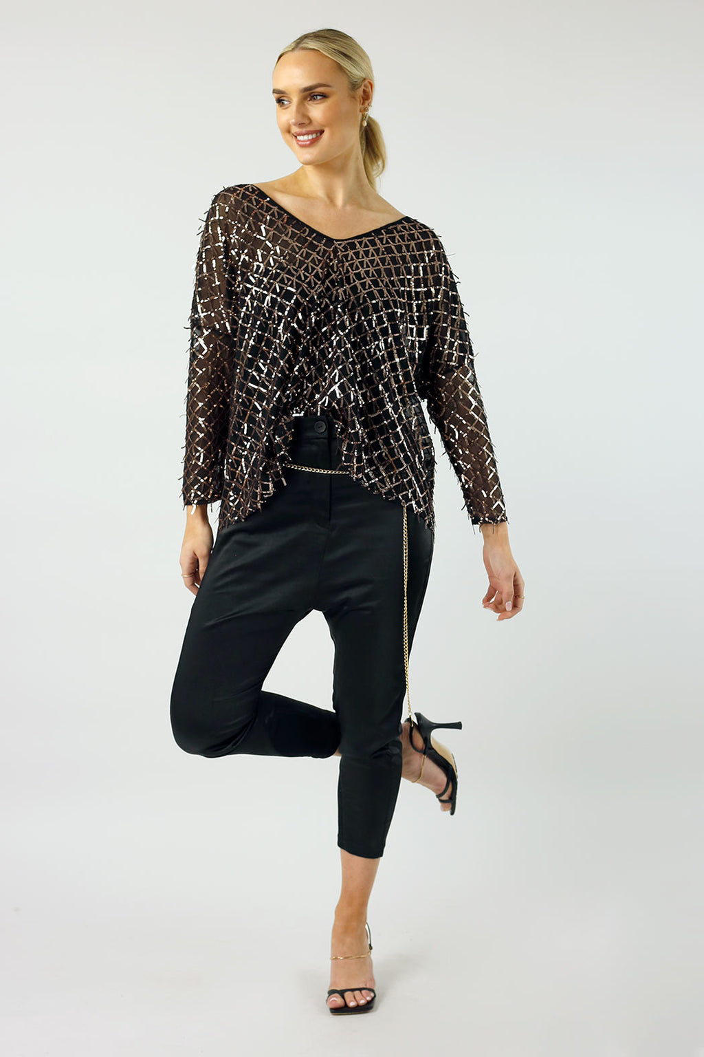 Copper Sequin Vee Neck Top - FINAL SALE