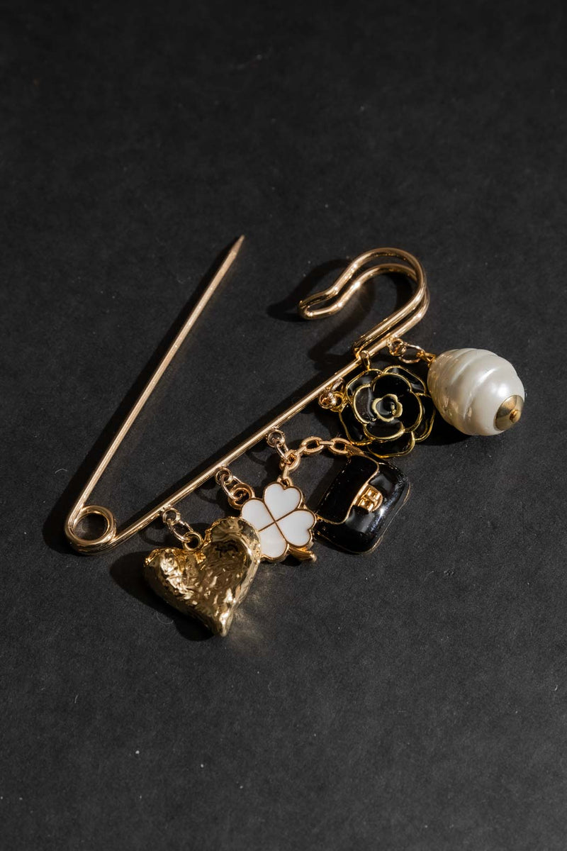 Gold Pin Brooch With Charms