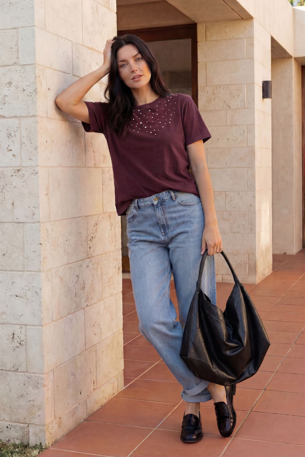 Burgundy Washed Cotton Embellished T-shirt