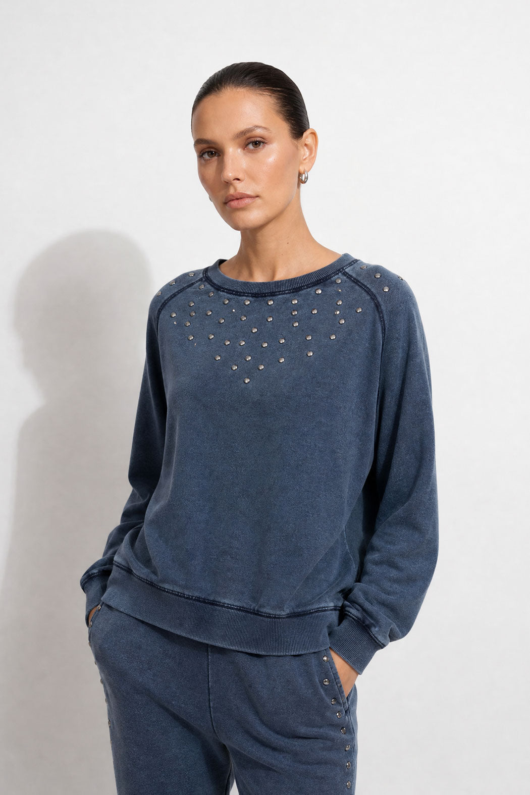 Navy Washed Cotton Stud Jumper