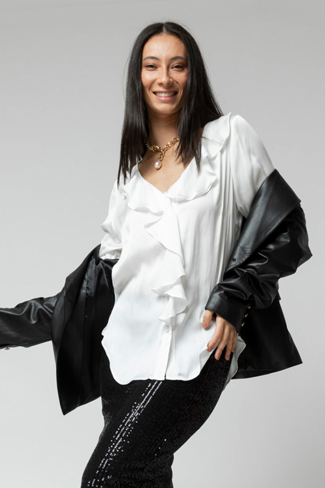 White Cascade Silky Blouse