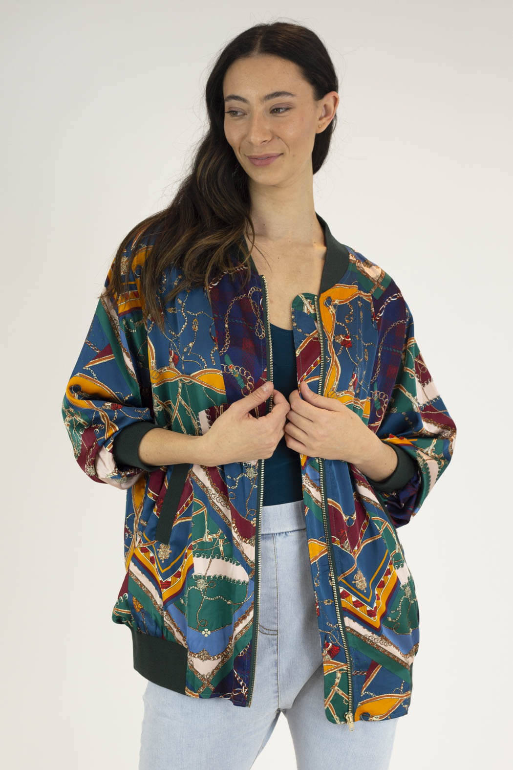 Teal Chain Silky Bomber Jacket - Sale