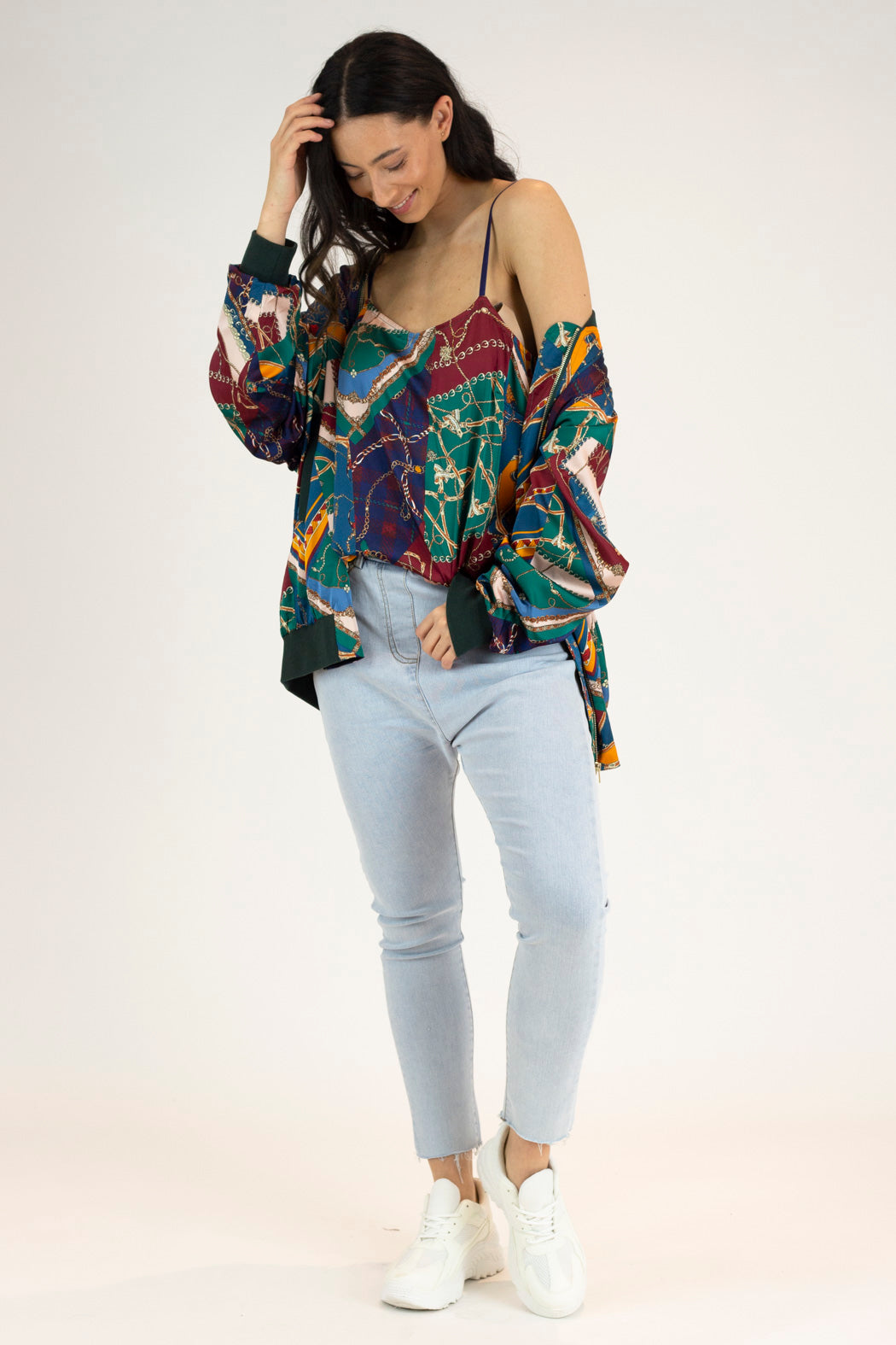 Teal Chain Silky Bomber Jacket - Sale