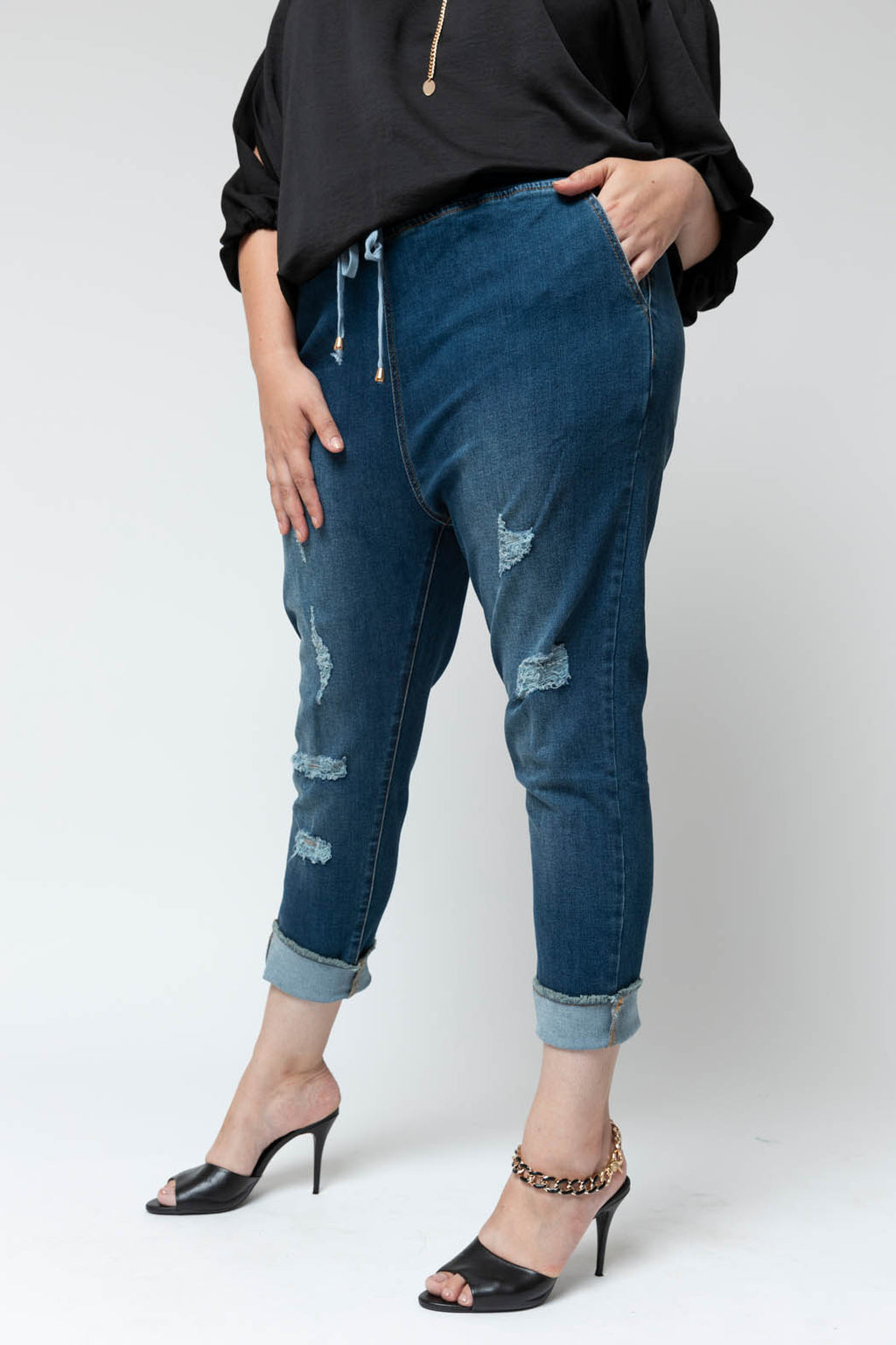 Chambray Denim Drawstring Jeans - SALE