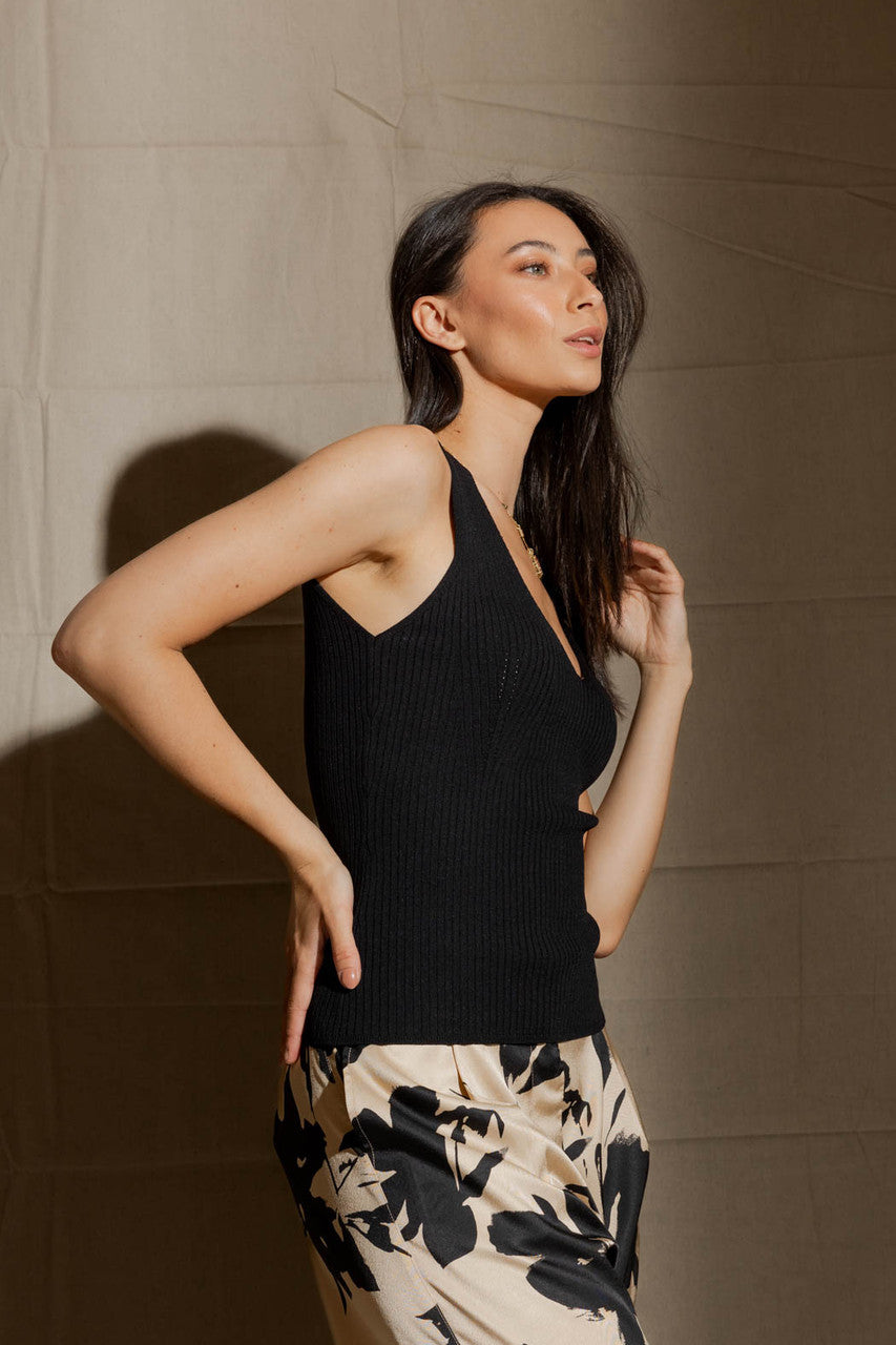 Black Rib V Neck Cami