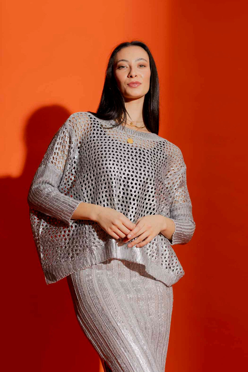 Silver Crochet Boxy Foil Jumper