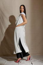 White Euro Longline Belted Vest