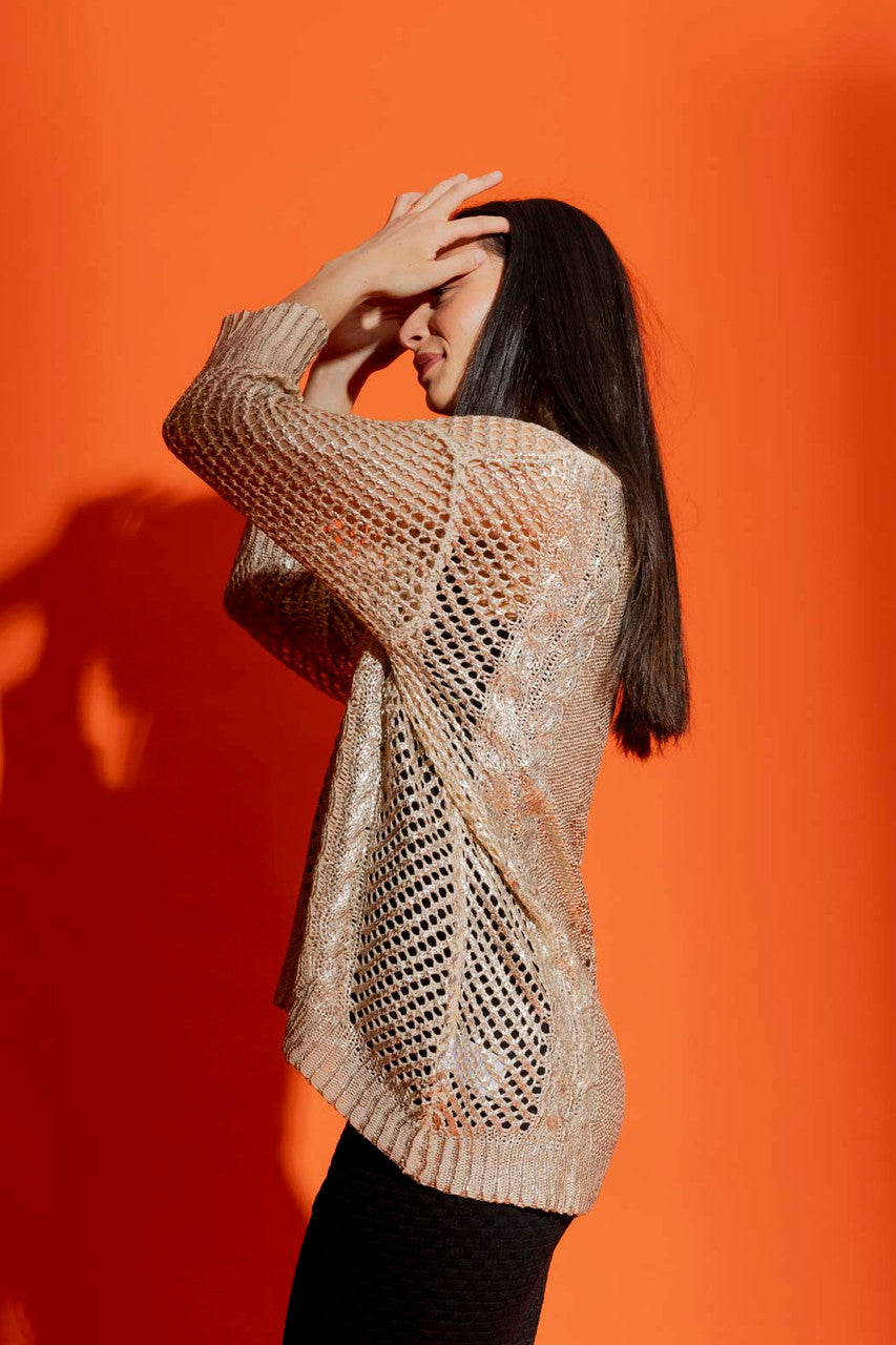 Oatmeal Foil Crochet V Neck Jumper