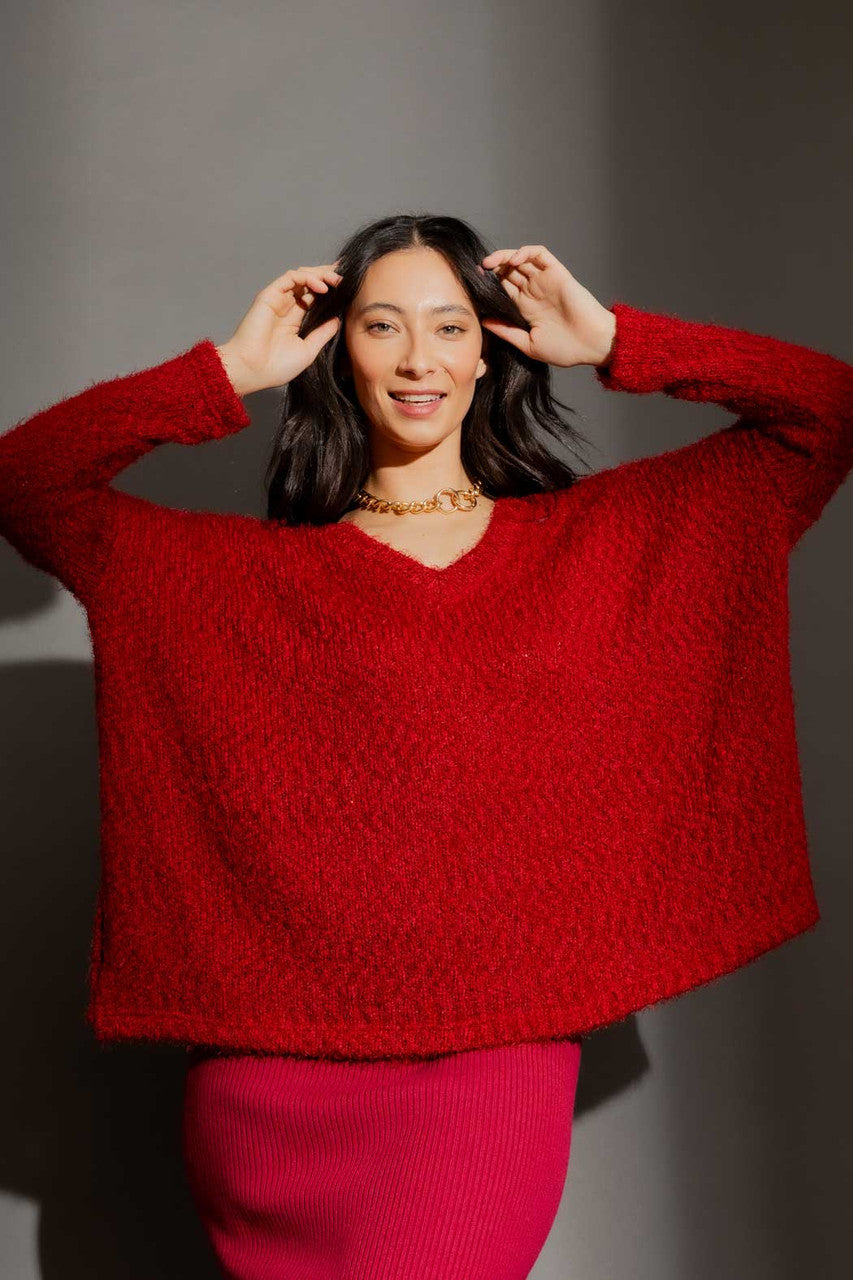 Burgundy Fluffy V Neck Jumper