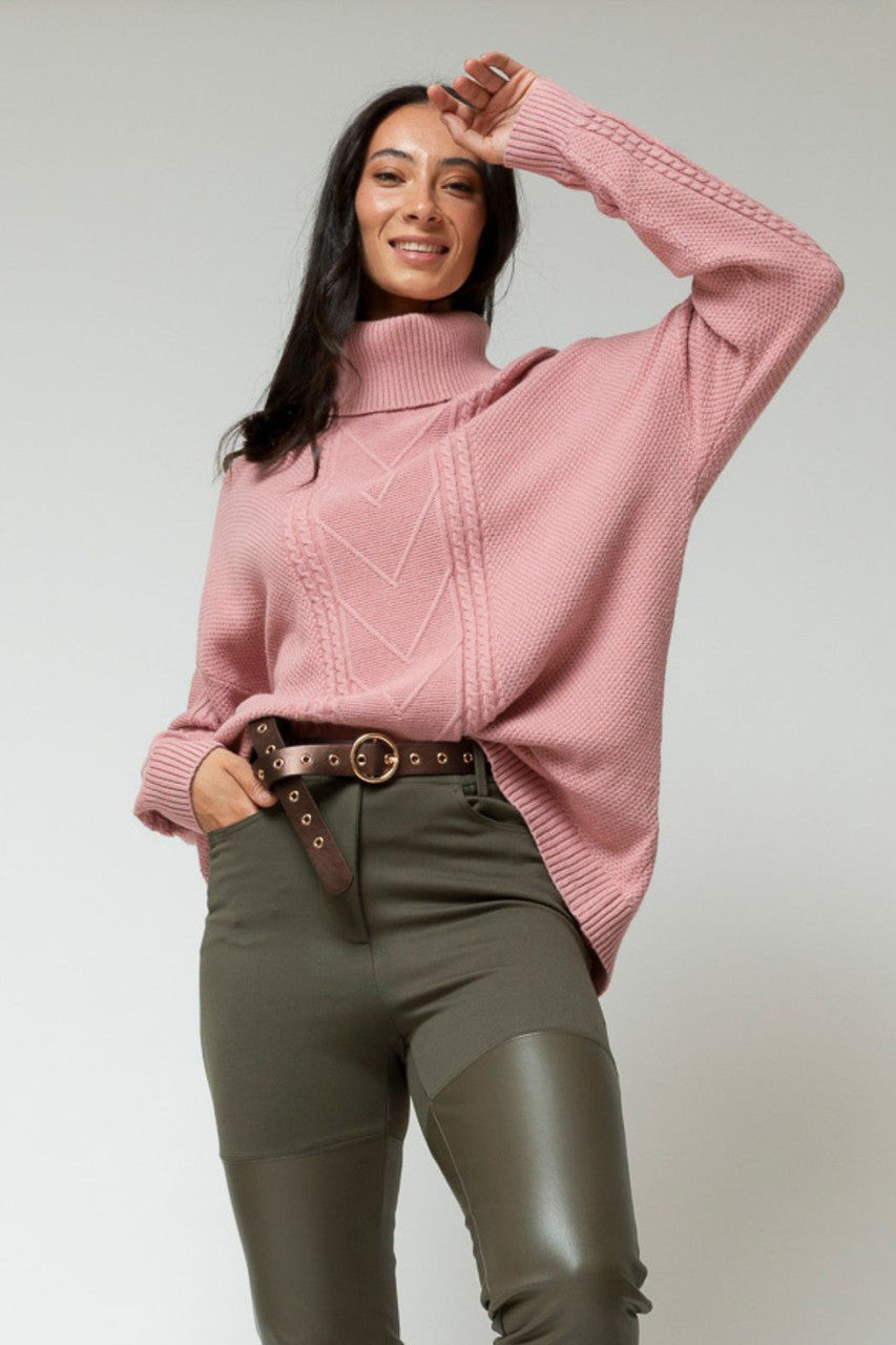 Dusty Pink Cable Roll Neck Jumper - Sale