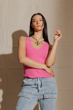 Pink Ribbed V Neck Cami