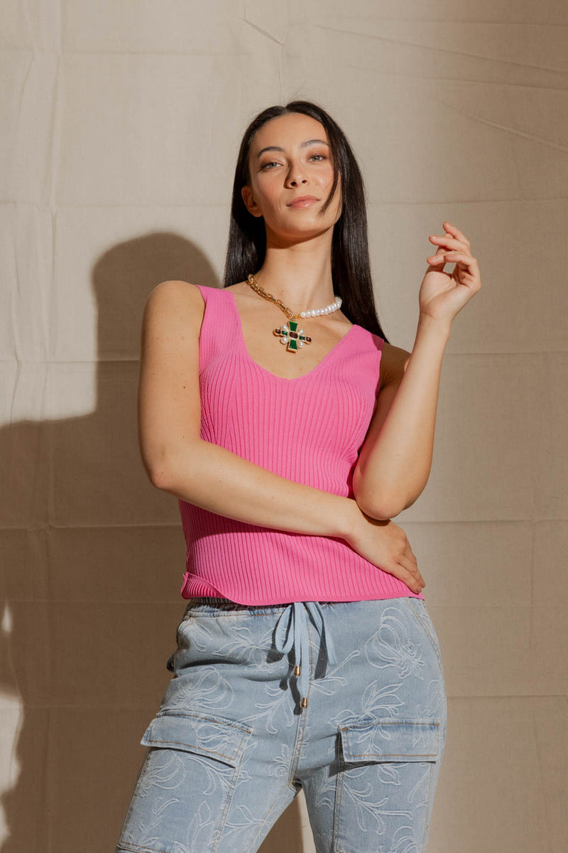 Pink Ribbed V Neck Cami