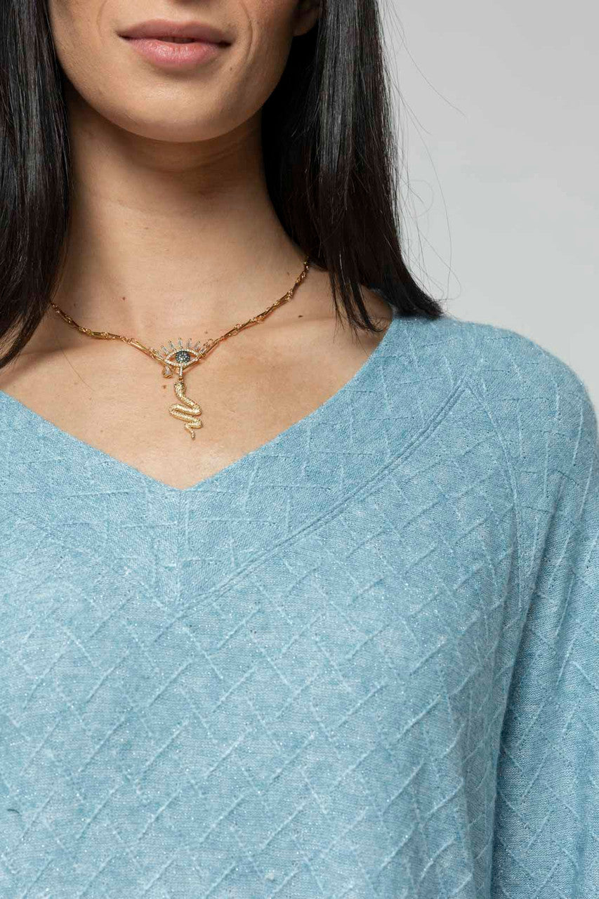 Blue Lurex V Neck Jumper