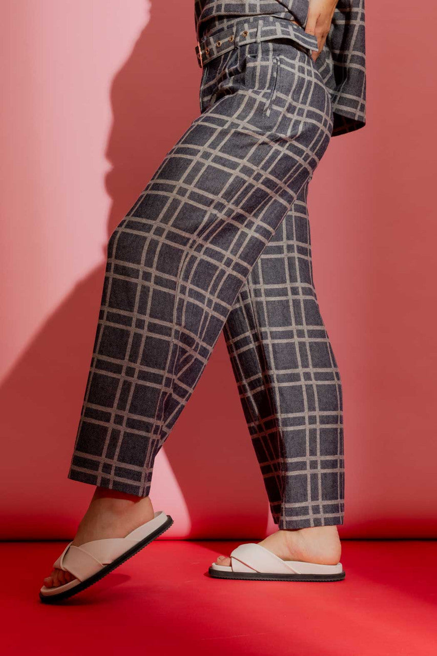 Navy Check Linen Crop Cleo Pant