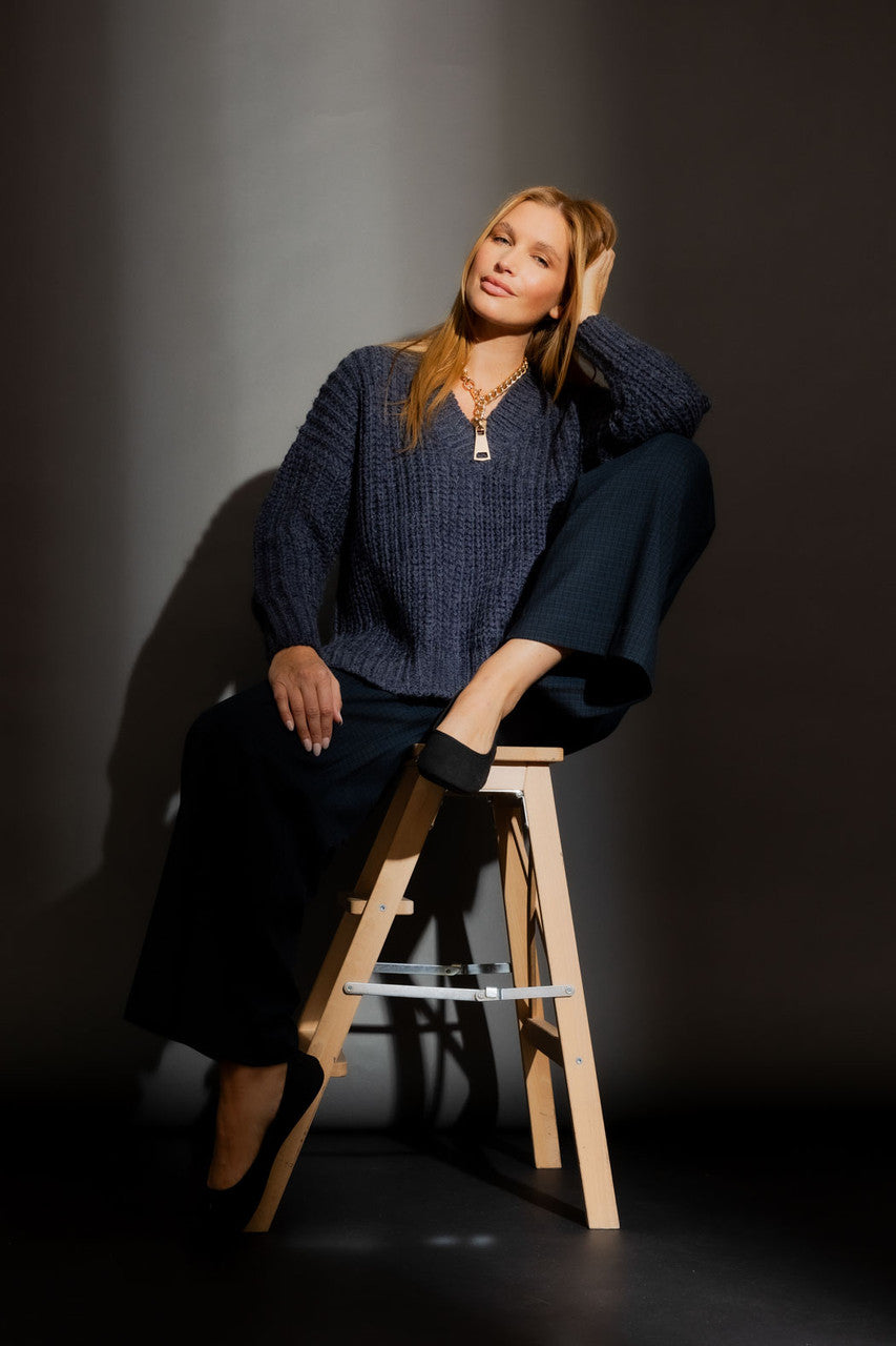 Washed Navy Chunky V Neck Jumper Navy S