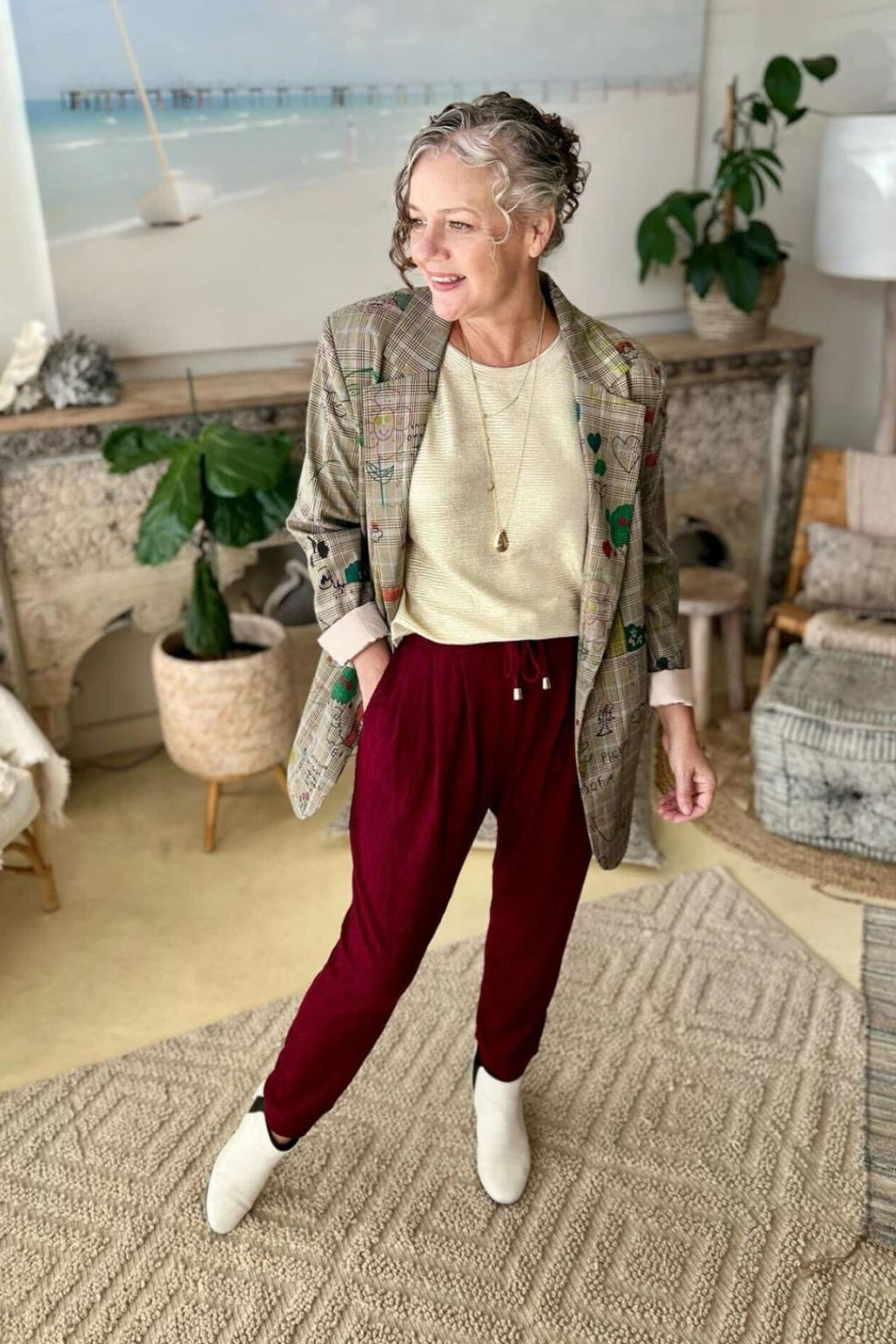 Burgundy Textured Slouch Pant