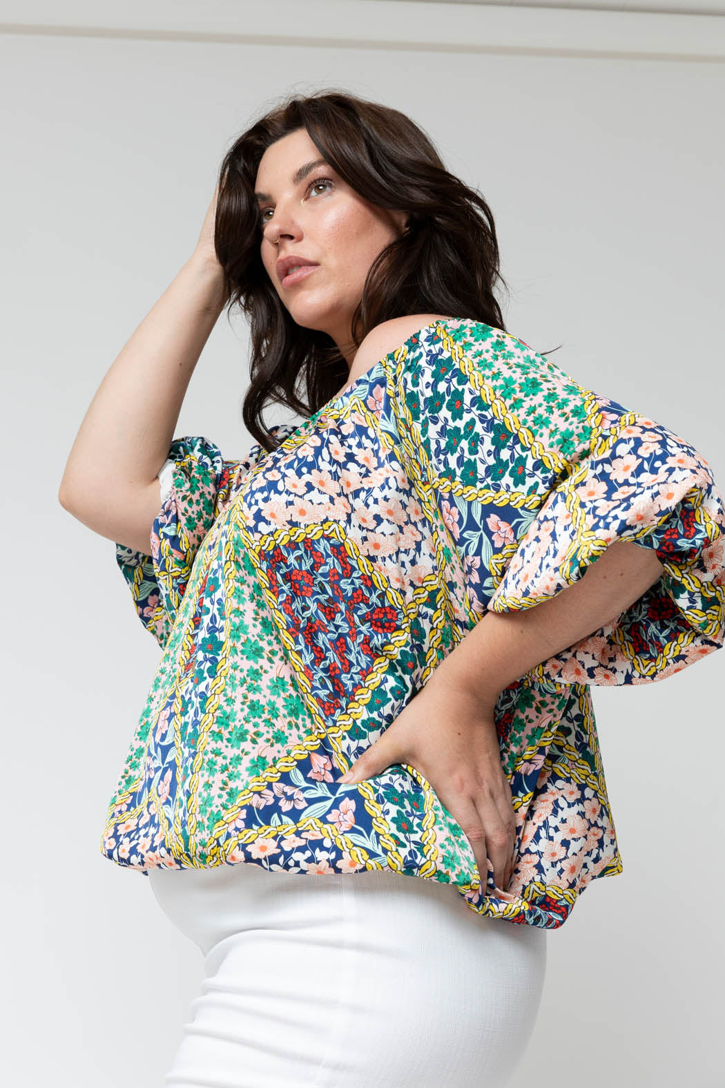 Floral Patchwork Silky Off Shoulder Top - Sale
