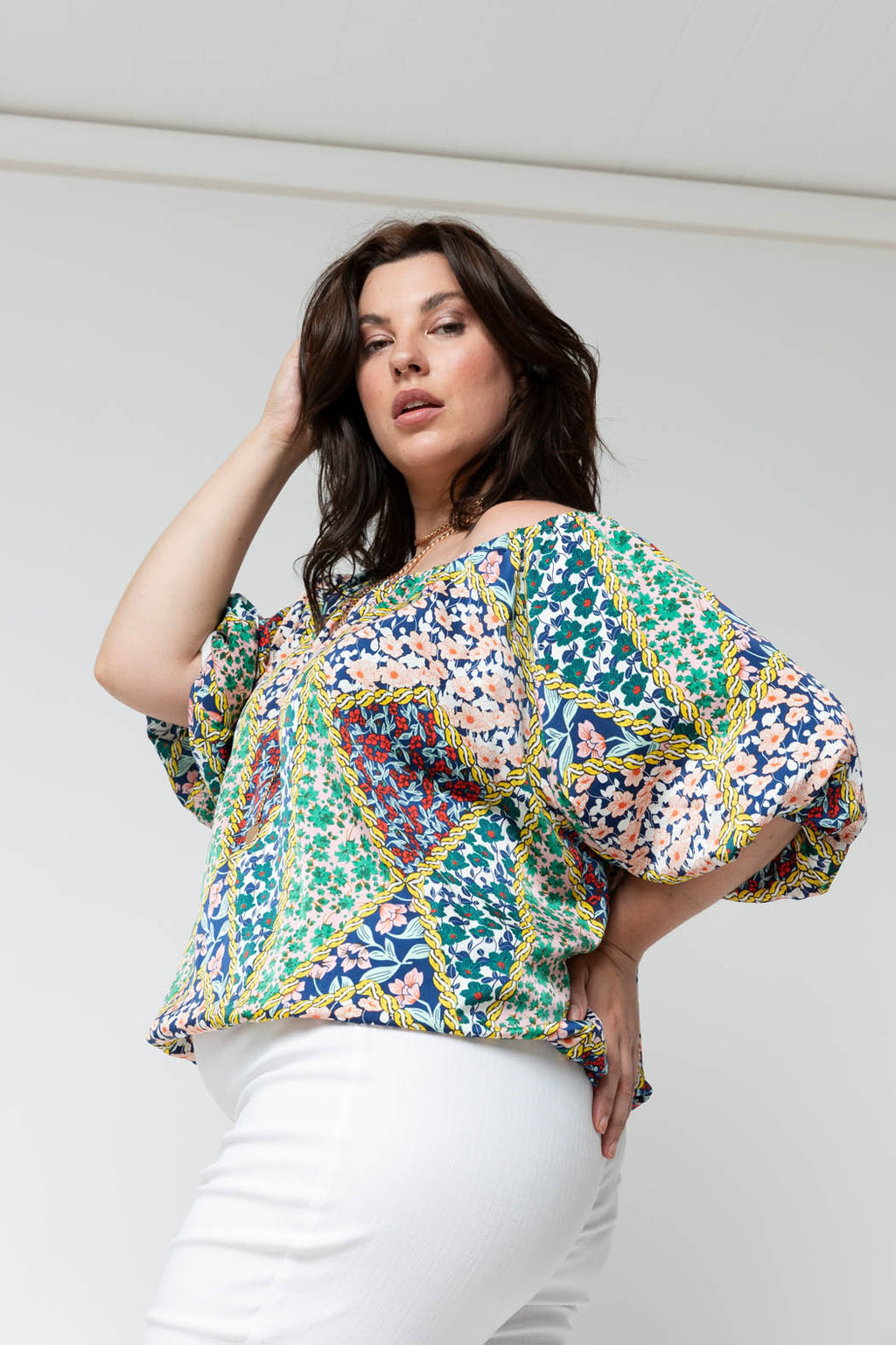 Floral Patchwork Silky Off Shoulder Top - Sale