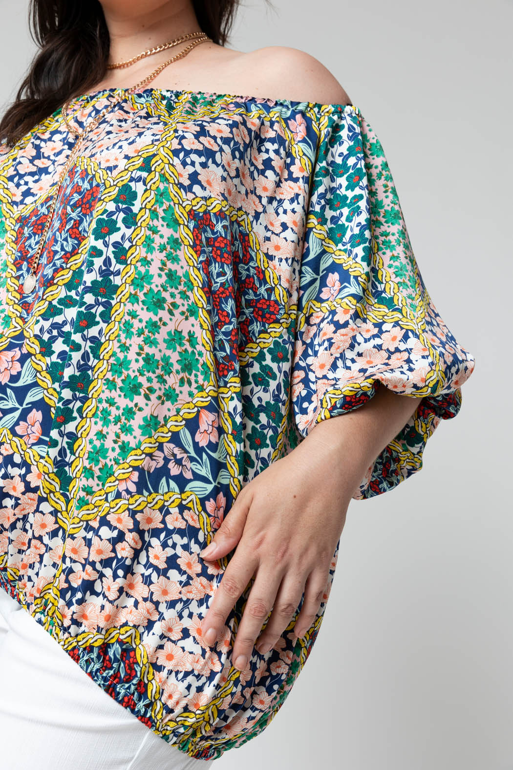 Floral Patchwork Silky Off Shoulder Top - Sale