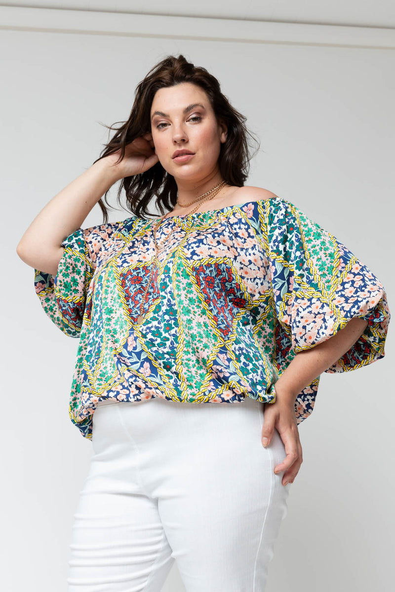 Floral Patchwork Silky Off Shoulder Top - Sale