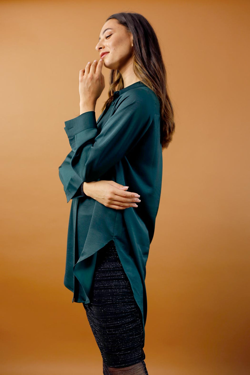Deep Teal Satin Boyfriend Maxi Shirt