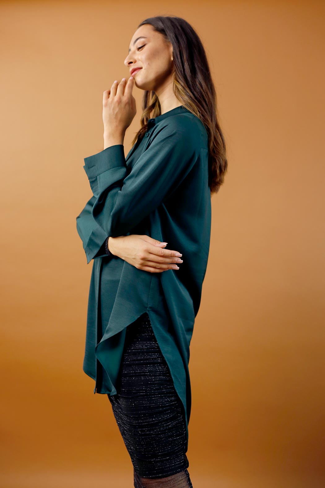 Deep Teal Satin Boyfriend Maxi Shirt