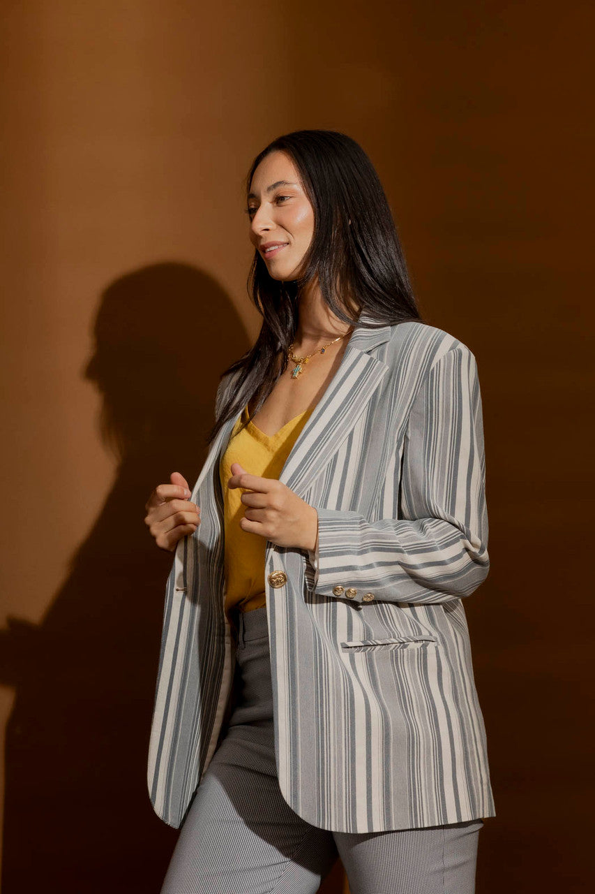 Washed Navy Striped Oversized Blazer