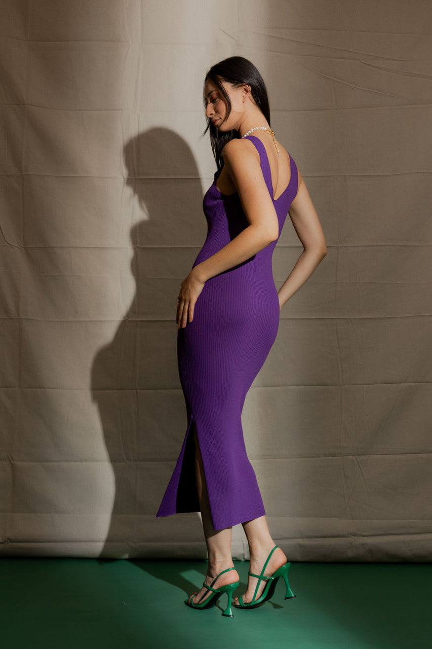 Purple Rib V Neck Dress
