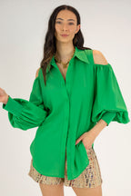 Bright Green Chiffon Open Shoulder Shirt - Final Sale