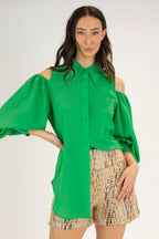 Bright Green Chiffon Open Shoulder Shirt - Final Sale