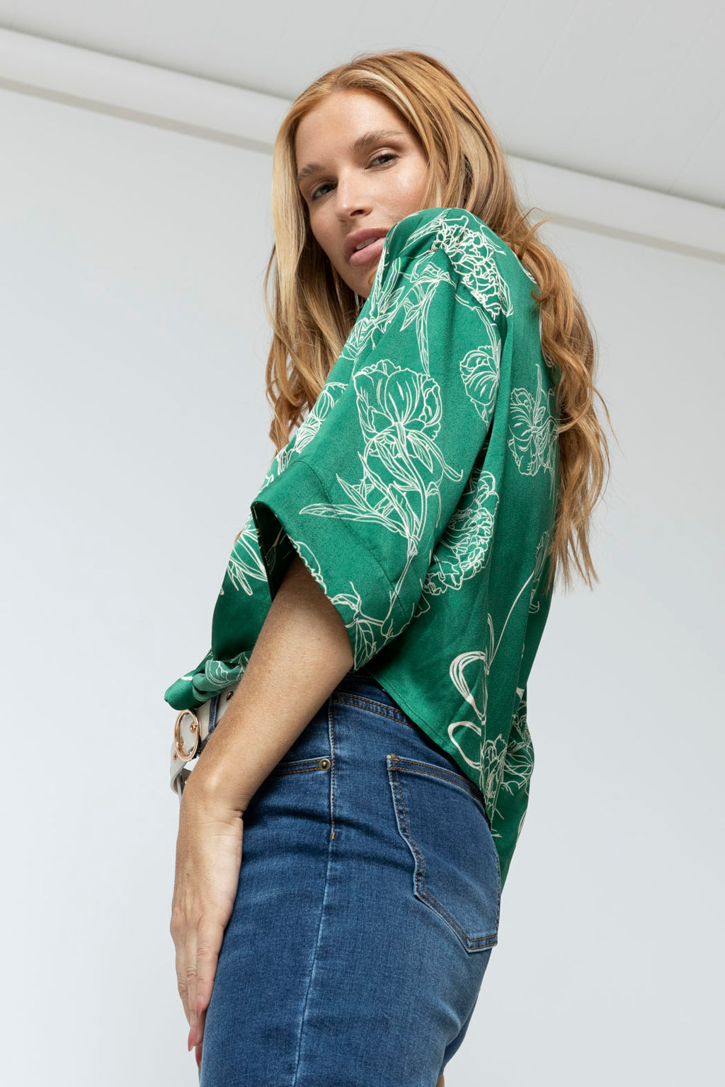 Green Abstract Crop Twist Shirt - Final Sale