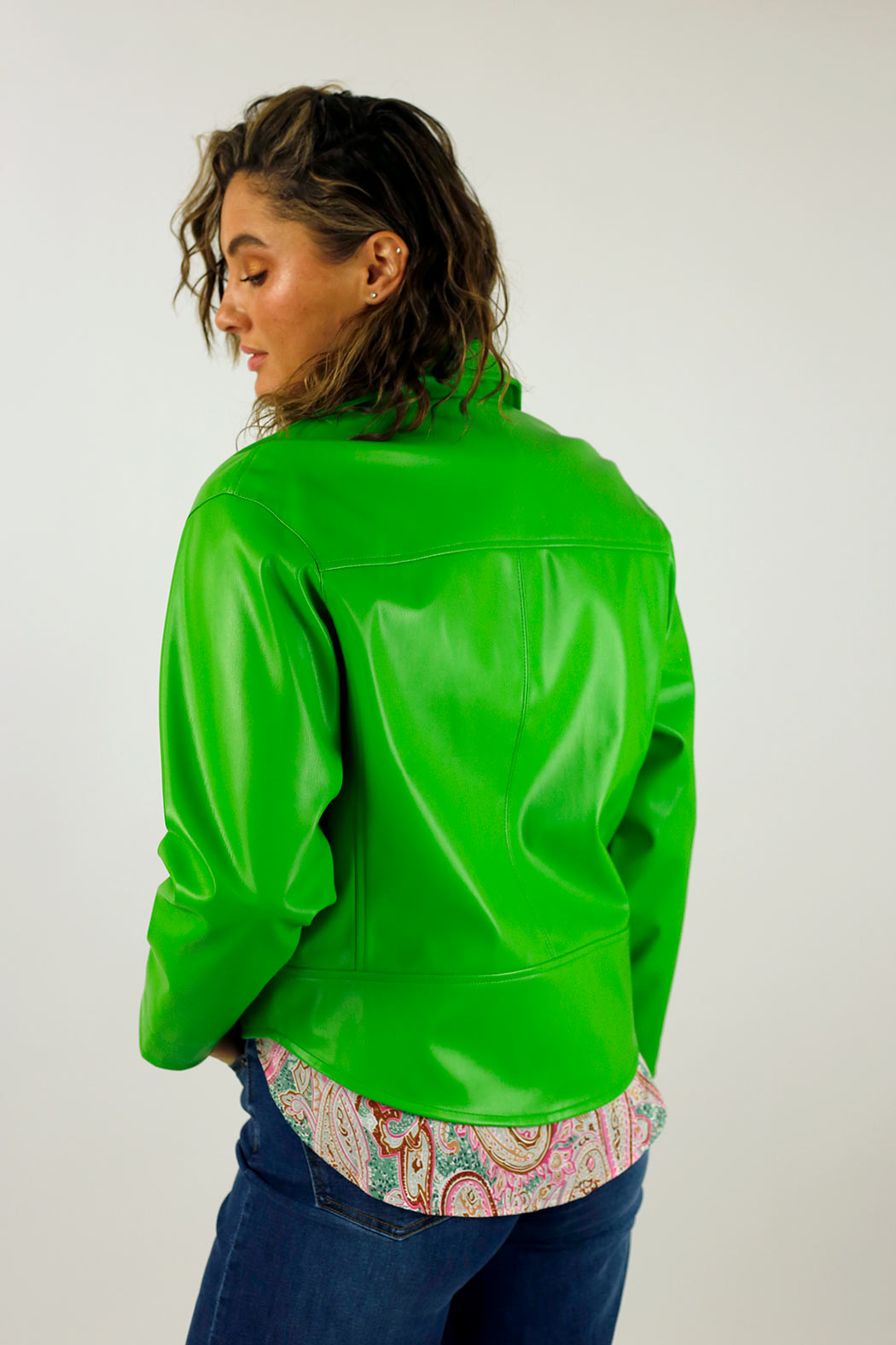 Green Vegan Leather Mid Biker Jacket - FINAL SALE