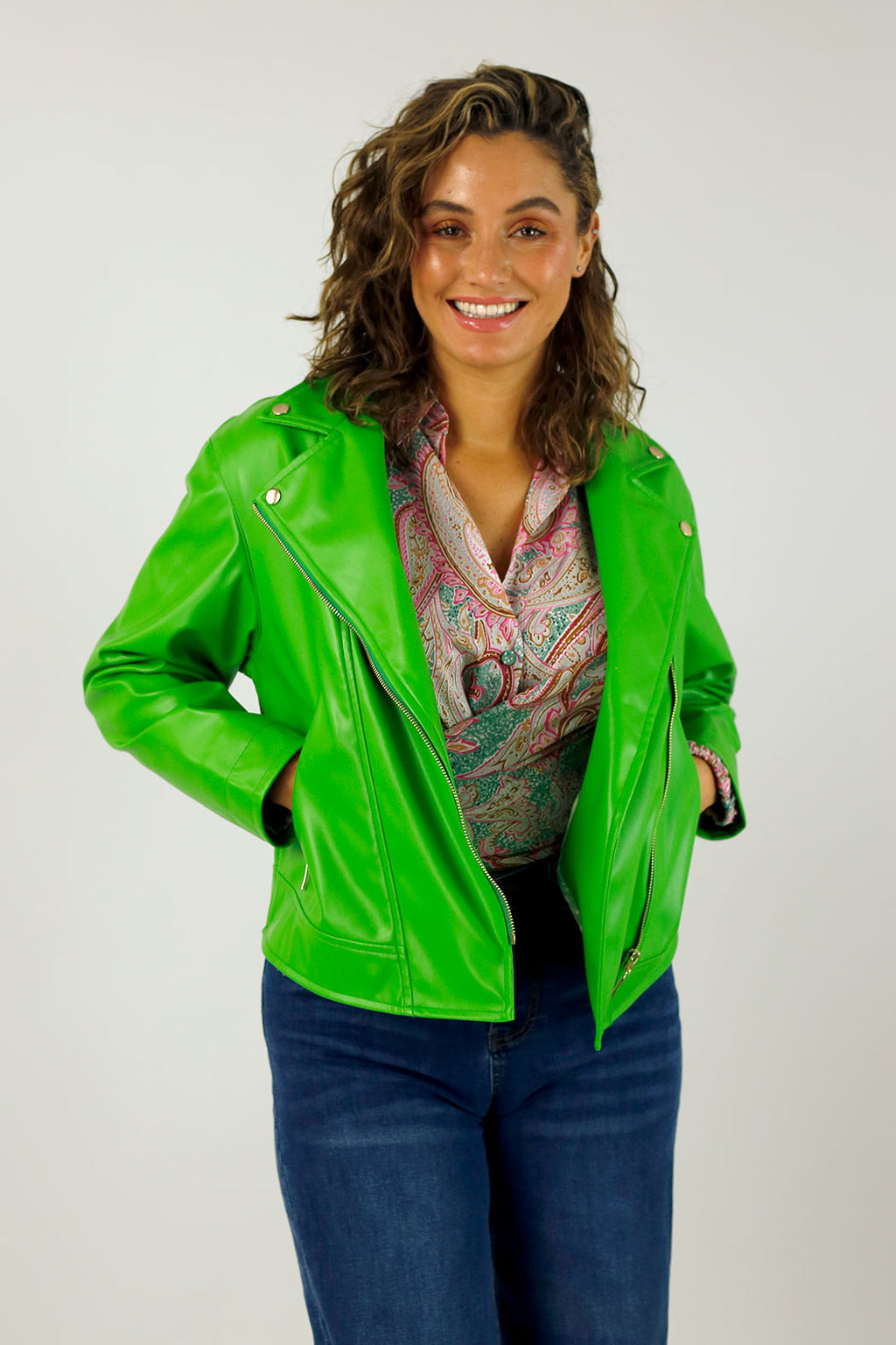 Green Vegan Leather Mid Biker Jacket - FINAL SALE