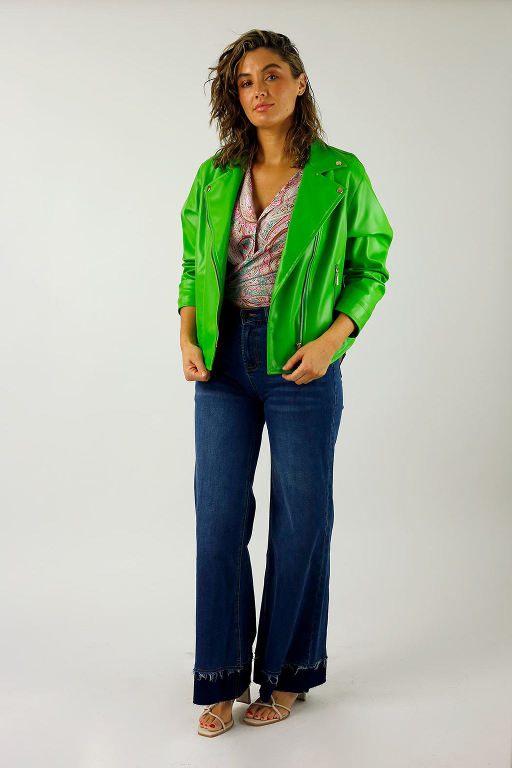 Green Vegan Leather Mid Biker Jacket - FINAL SALE