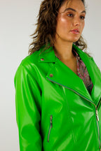 Green Vegan Leather Mid Biker Jacket - FINAL SALE