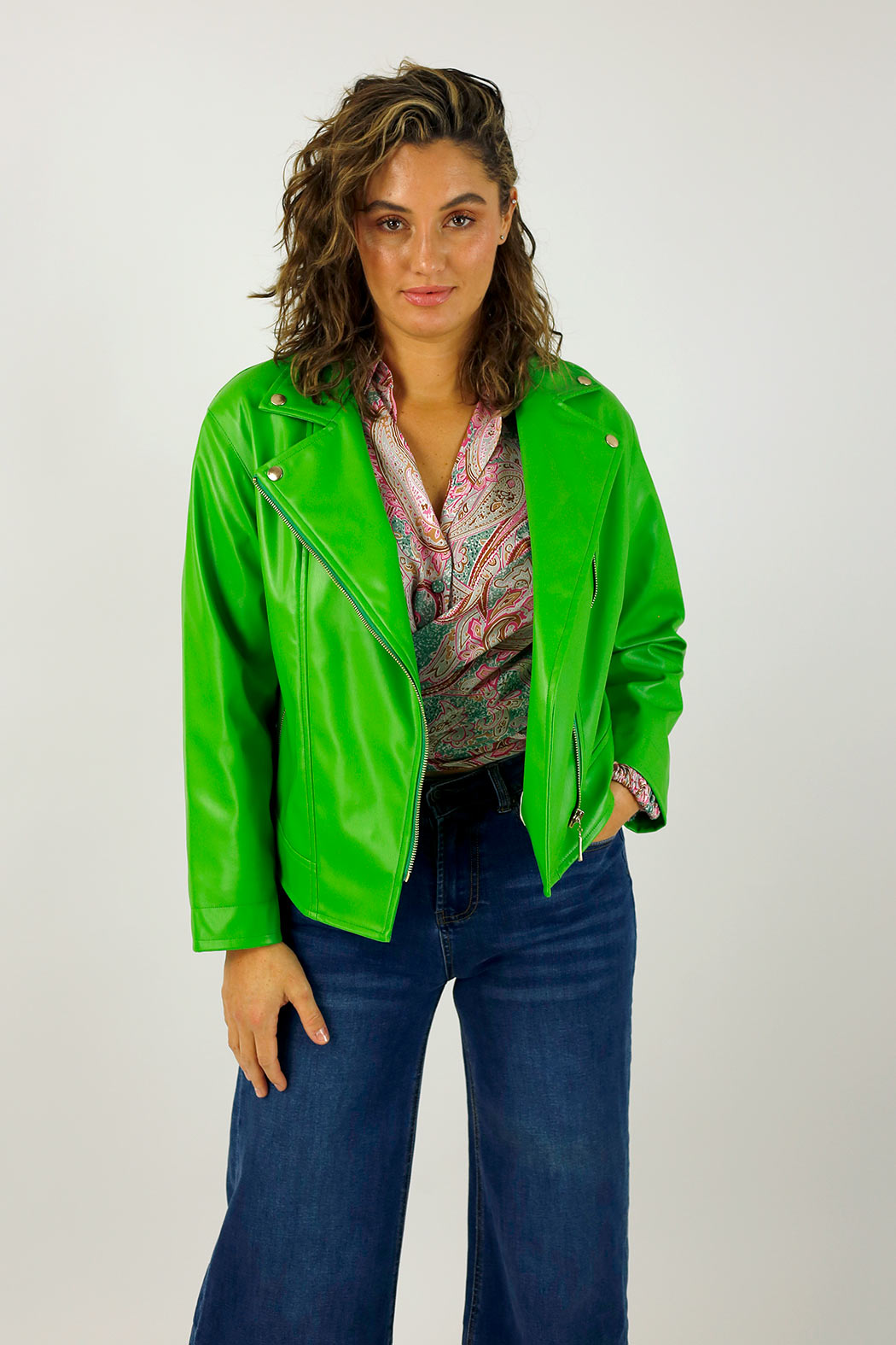 Green Vegan Leather Mid Biker Jacket - FINAL SALE