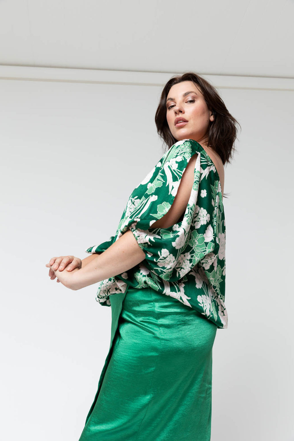 Green Floral Silky Balloon Sleeve Top - Sale