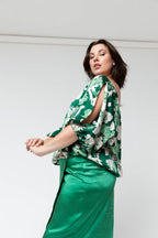 Green Floral Silky Balloon Sleeve Top - Sale