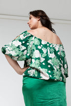 Green Floral Silky Balloon Sleeve Top - Sale
