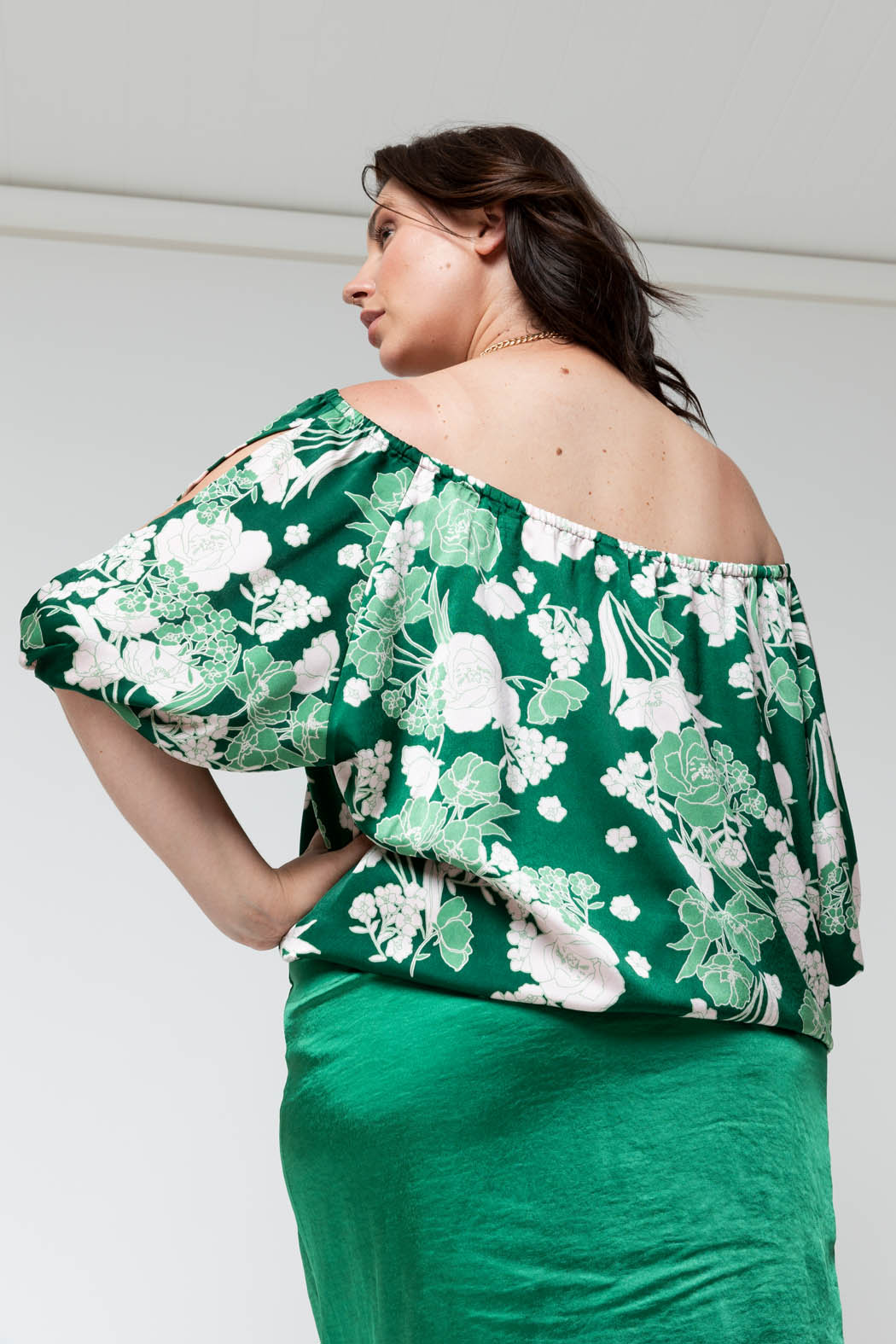 Green Floral Silky Balloon Sleeve Top - Sale