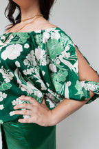 Green Floral Silky Balloon Sleeve Top - Sale